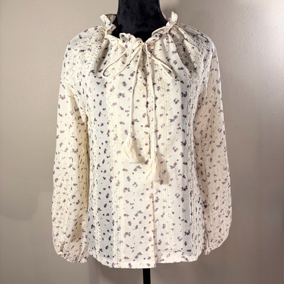 Knox Rose Boho Floral Embroidered Lace Peasant Top Cream Purple Tassel Tie Sz S - Picture 2 of 15